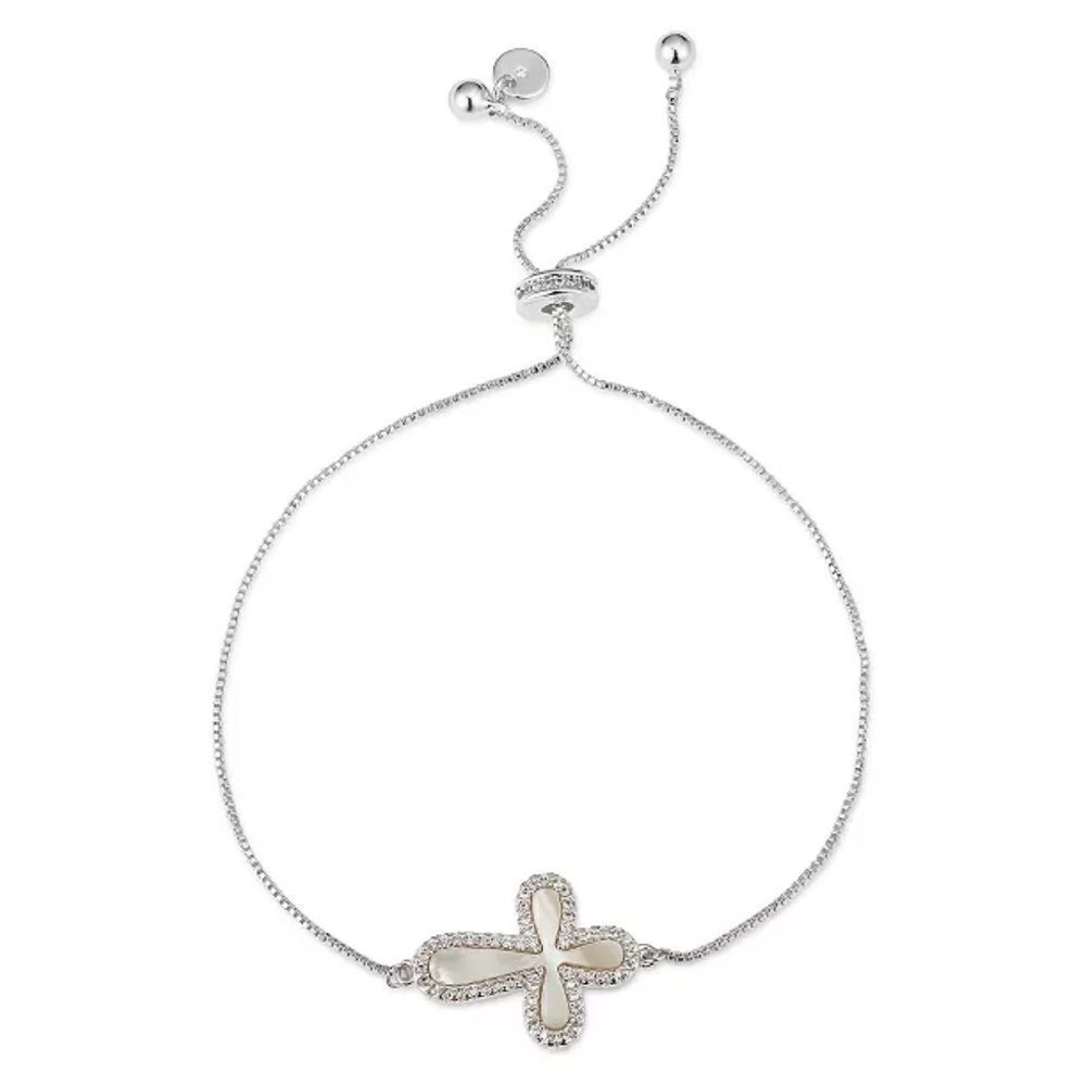 Unwritten Gratitude & Grace Silver Plate CZ Mother-of-Pearl Cross Bolo Bracelet